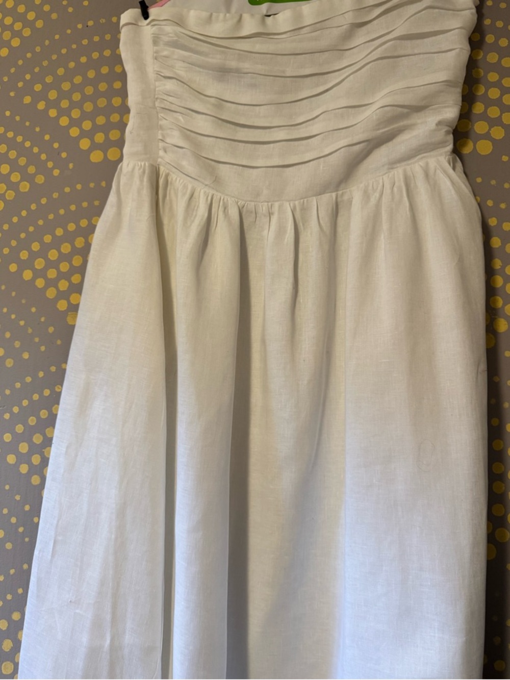 DISSH Strapless White Linen Pleated Bodice Midi Dress